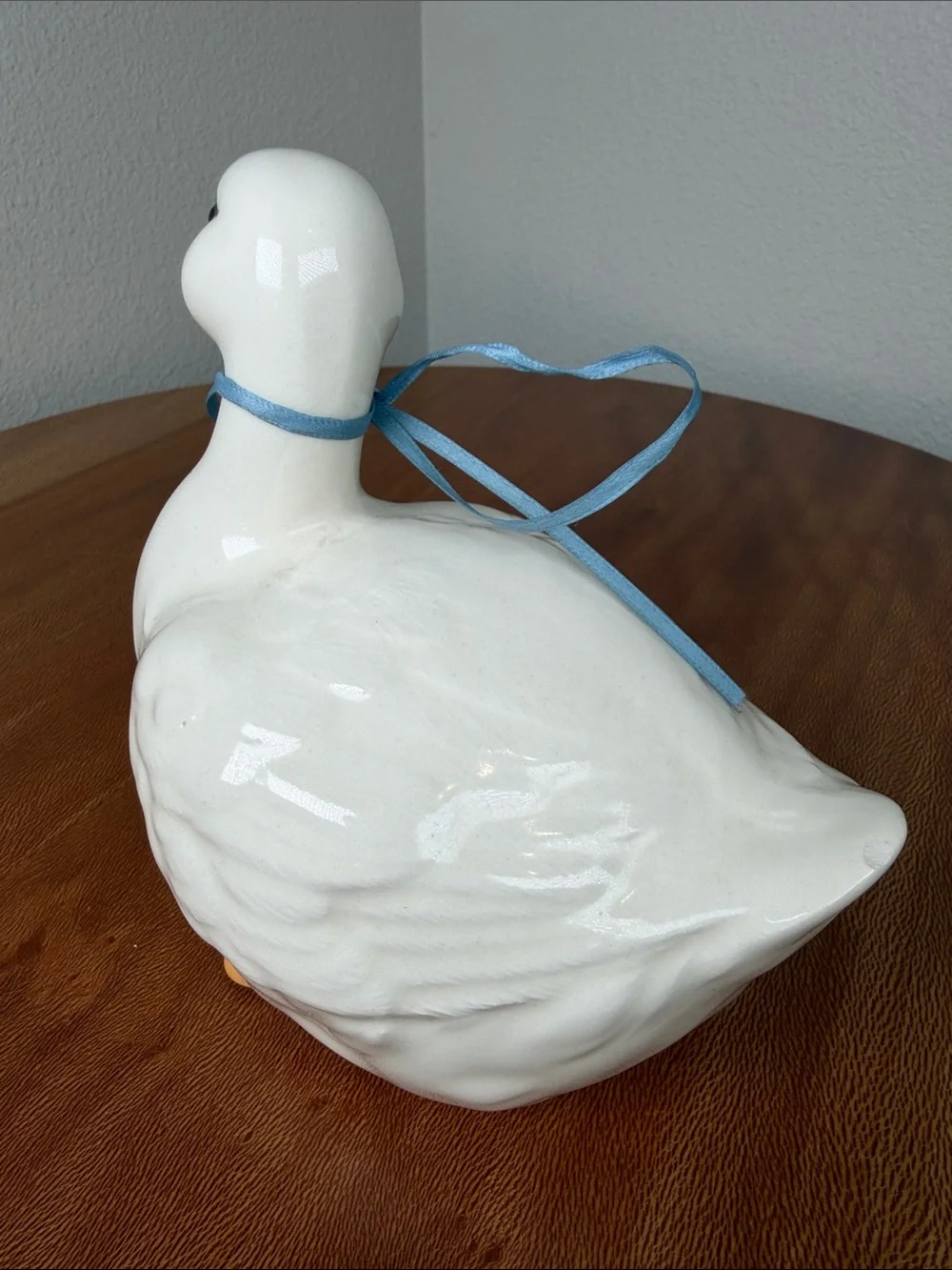 Vintage Hand Crafted Hand Made Ceramic Duck White Yellow Blue Bow Farmhouse